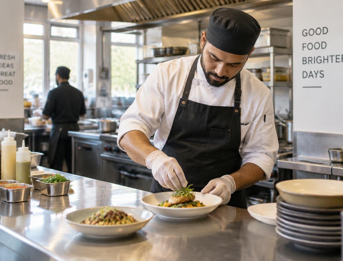 Cook plating a dish in a professional cloud kitchen